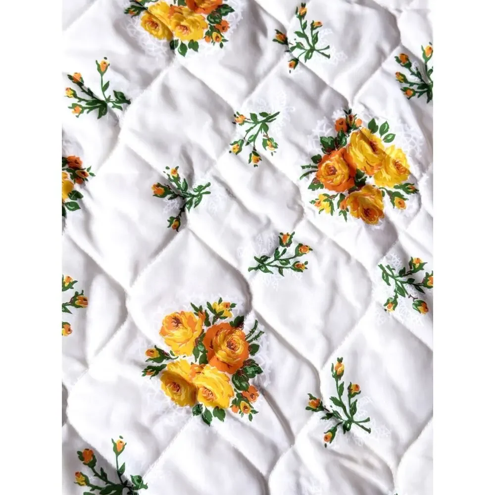 Vtg Twin Ruffled Quilted White Coverlet Yellow Orange Rose Cottagecore Bedspread